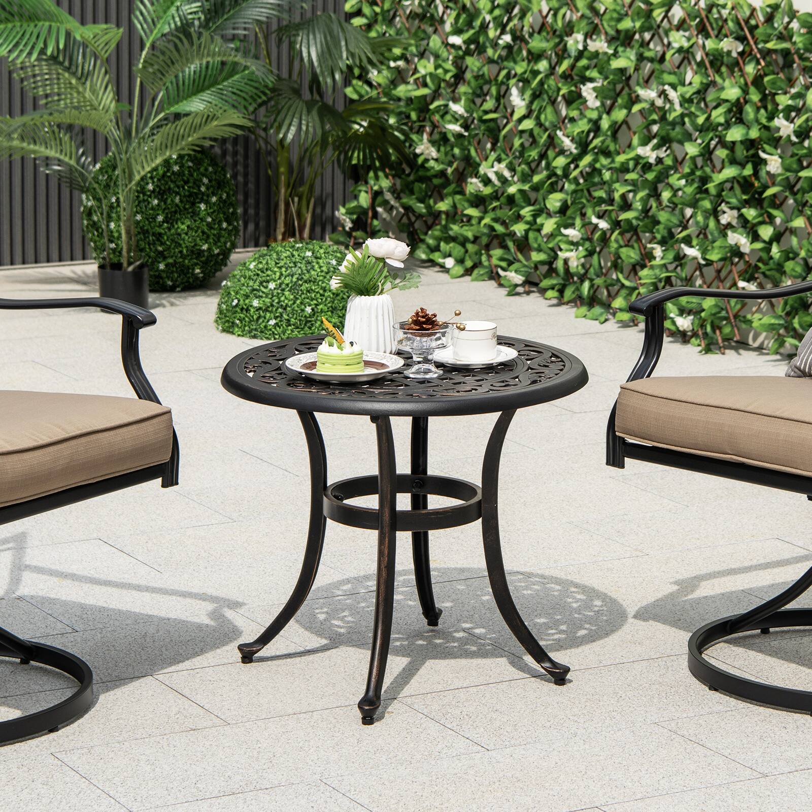 Alt View 1. Costway - Costway 2 PCS 24" Patio Side Table with Adjustable Footpads Round Cast Aluminum End Table - Antique Brown.