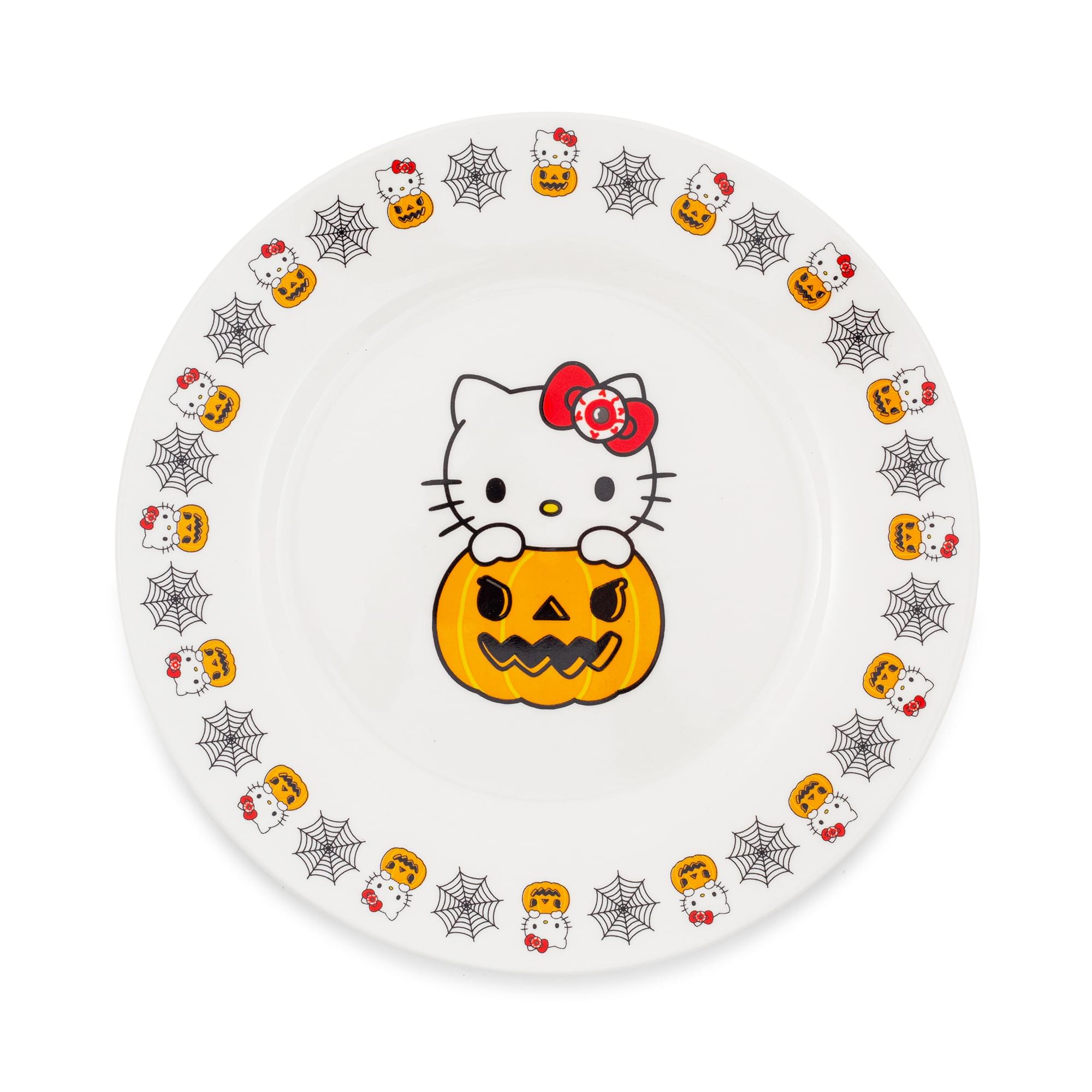 Front. Silver Buffalo - Sanrio Hello Kitty Pumpkin Boo 8-Inch Ceramic Dinner Plate - Orange.
