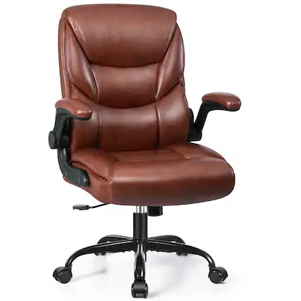 Front. KERDOM - PU Leather Ergonomic Home Desk Chair, Tilt Small Computer Chair Adjustable Height, Rolling Swivel & Flip-Up Padded Arms - Brown.