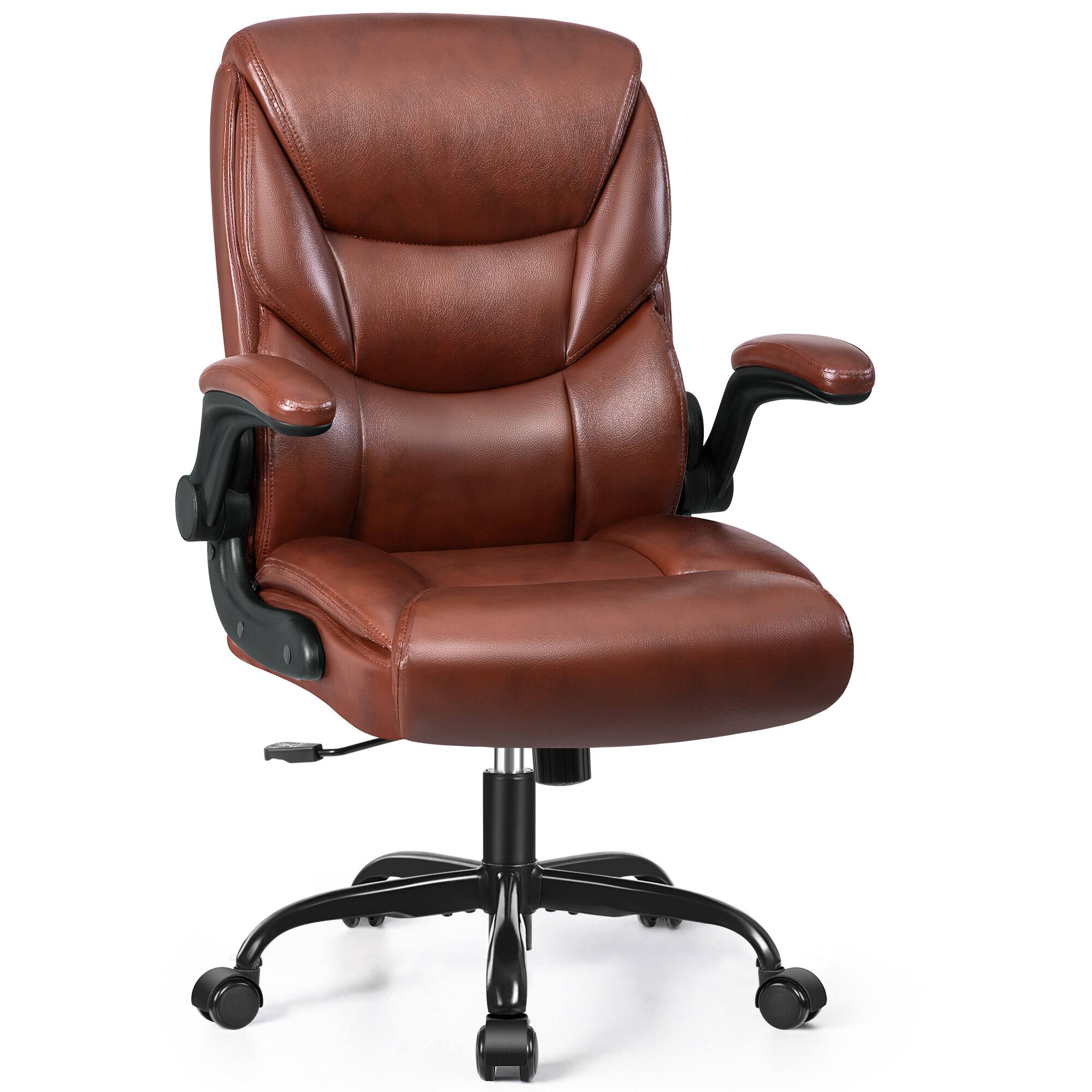 KERDOM - PU Leather Ergonomic Home Desk Chair, Tilt Small Computer Chair Adjustable Height, Rolling Swivel & Flip-Up Padded Arms - Brown