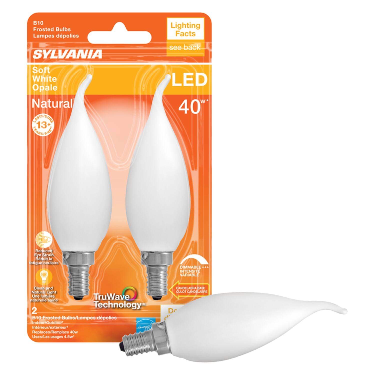 B10 Frosted Bulbs Lampes déploies SYLVANIA Soft White Opale Natural LED 40W Reduced Eye Strain Rduit la fatigue oculaire DIMMABLE ... Intensité variable Clear and Natural Light Une lumière TruWave naturelle saine Technology 2 B10 Frosted Bulbs/Lampes déploies Intrieur/extrieur compy Replaces/Remplace 40w Uses/Les usages 4.5w* CANDELABRA BASE CULOT! CANDELABRE D