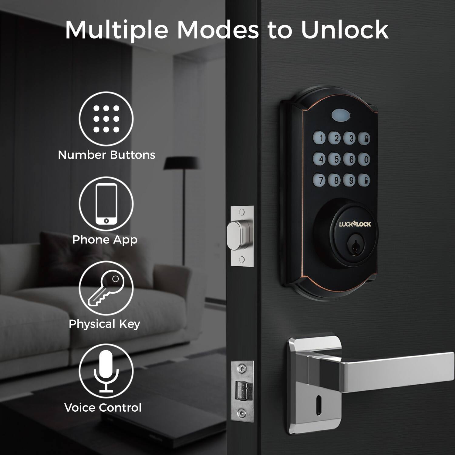 Multiple Modes to Unlock

- Number Buttons
- Phone App
- Physical Key
- Voice Control
