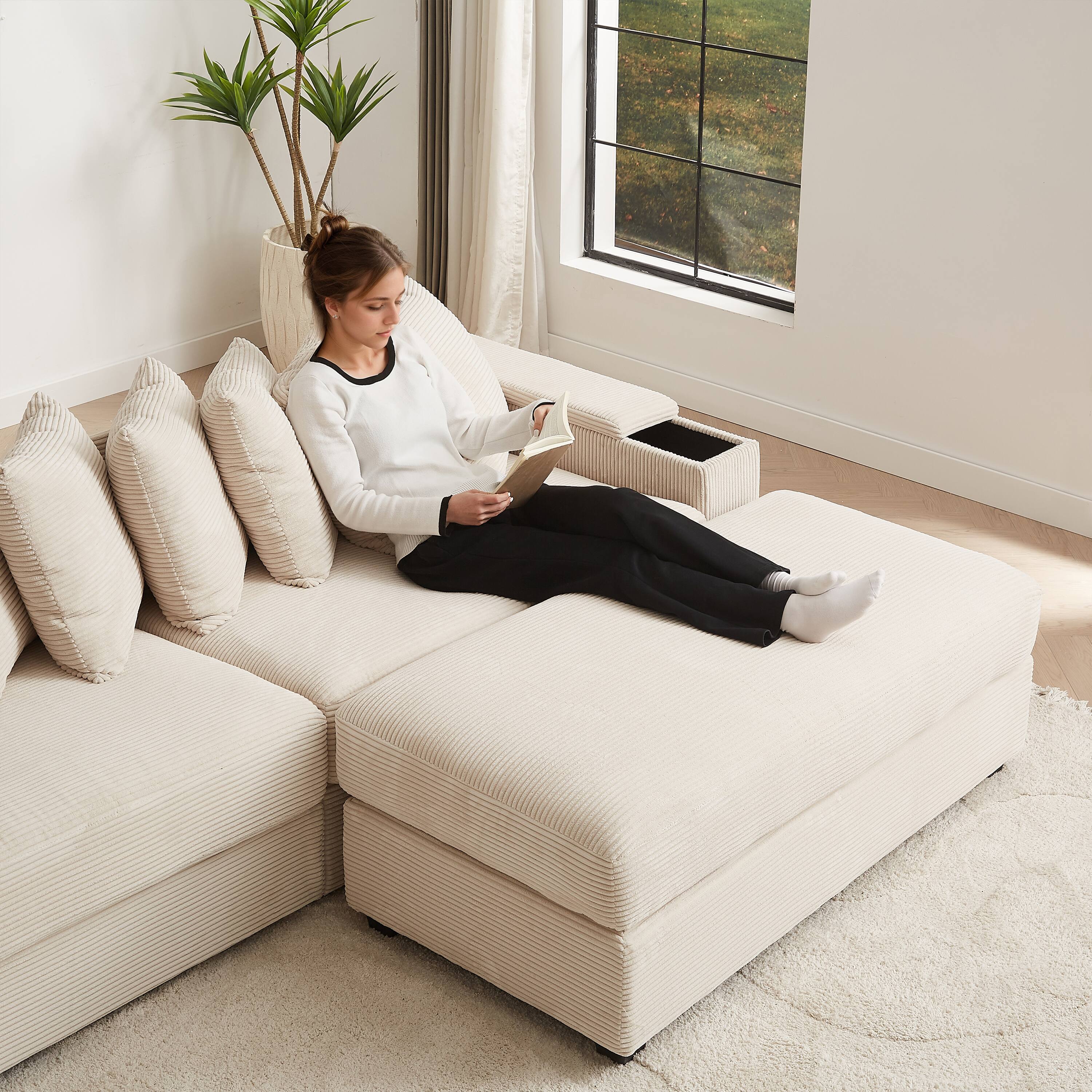 Angle. Tiramisubest - Oversized Corduroy Sofa Bed with Chaise,Comfy L Shaped Sectional Couches with 8 Pillows and Two Armrest storage space - Beige.