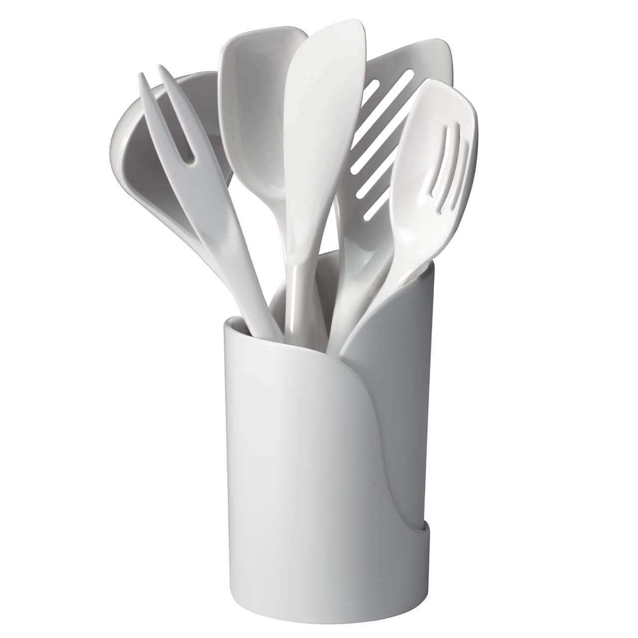 Hutzler - 7-Piece Mini Melamine Cooking Utensils and Storage Crock Set - White