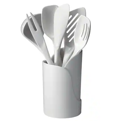 Front. Hutzler - 7-Piece Mini Melamine Cooking Utensils and Storage Crock Set (White) - White.