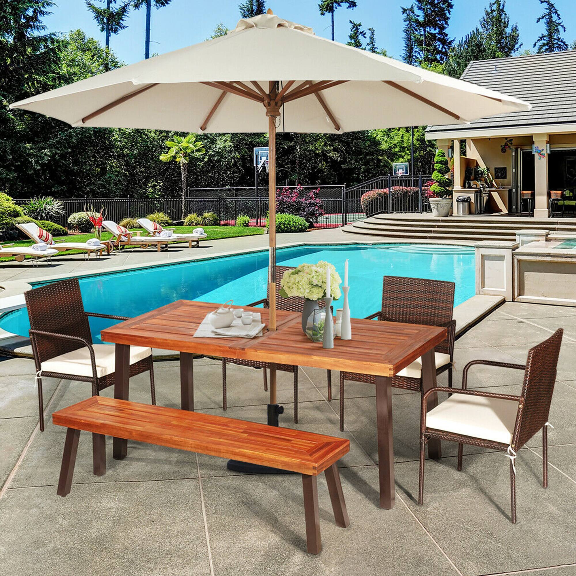 Gymax - 6PCS Patio Rattan Dining Set Acacia Wood Tabletop Cushioned Chair - Brown price history on PriceWatchPro