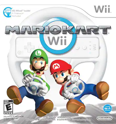 Wii Wheel Inside! A l'intérieur! il incluido! Wii. TM MARIOKART Wii + Wii G POWER L M Wii - Minter Wii EVERYONE ENFANTS ET ADULTES E CONTINT BAFED 5 CONCEN TALU P ESRB Online Interactions Not Rated by the ESRB Wii Remote" sold separately. Les changements d'ligne sont classés por 'ESRB Telcommande Wii vendue séparalement. El Control Remoto Wii se vende por separado. Nintendo Wi-Fi connection - E (Everyone)