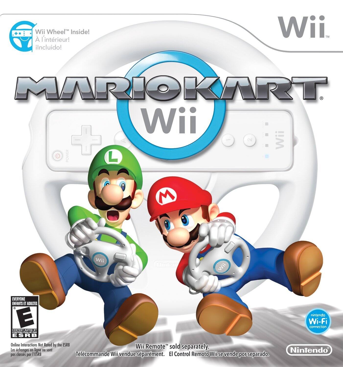 Wii Wheel Inside! A l'intérieur! il incluido! Wii. TM MARIOKART Wii + Wii G POWER L M Wii - Minter Wii EVERYONE ENFANTS ET ADULTES E CONTINT BAFED 5 CONCEN TALU P ESRB Online Interactions Not Rated by the ESRB Wii Remote" sold separately. Les changements d'ligne sont classés por 'ESRB Telcommande Wii vendue séparalement. El Control Remoto Wii se vende por separado. Nintendo Wi-Fi connection - E (Everyone)