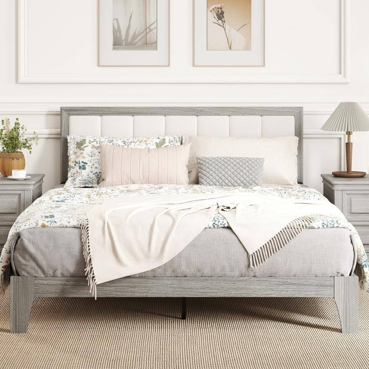 Alt View 1. PULUZ - Queen Bed Frame with Headboard Queen Platform Bed Frame with Wooden Slats No Box Spring Needed Easy Assembly - Gray.