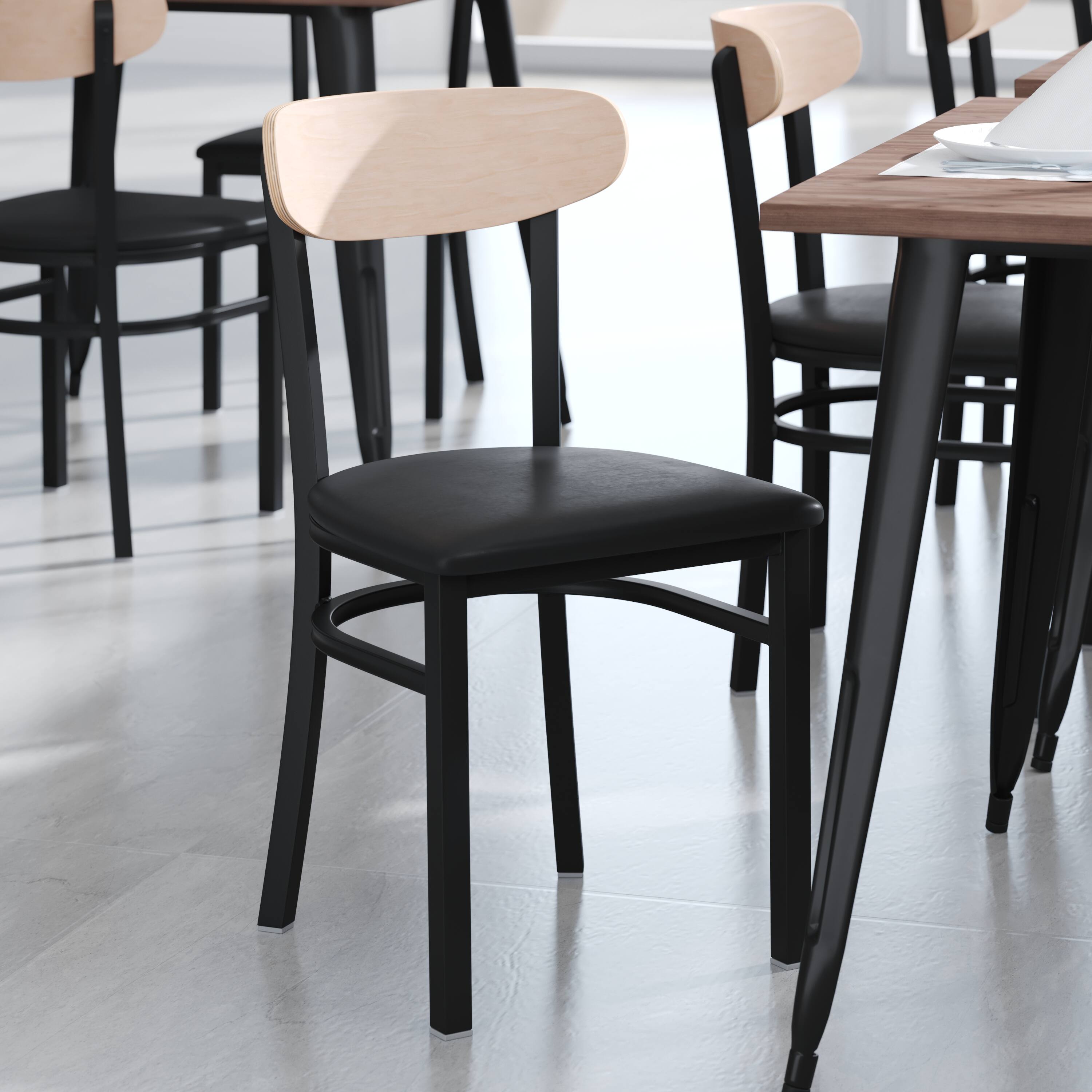 Alt View 1. Emma + Oliver - Yara Industrial Dining Chair with Rolled Steel Frame and Solid Wood Seat - 500 lbs. Static Weight Capacity - Natural Birch Wood Back/Black Vinyl Seat.