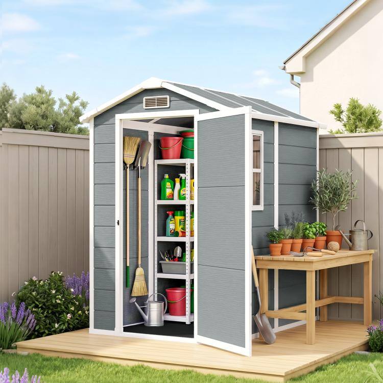 Alt View 9. PULUZ - 4' x 6' Outdoor Storage Shed, Plastic Shed with Floor, Window, Lockable Door and Vents for Outdoor Patio Storage - Gray.