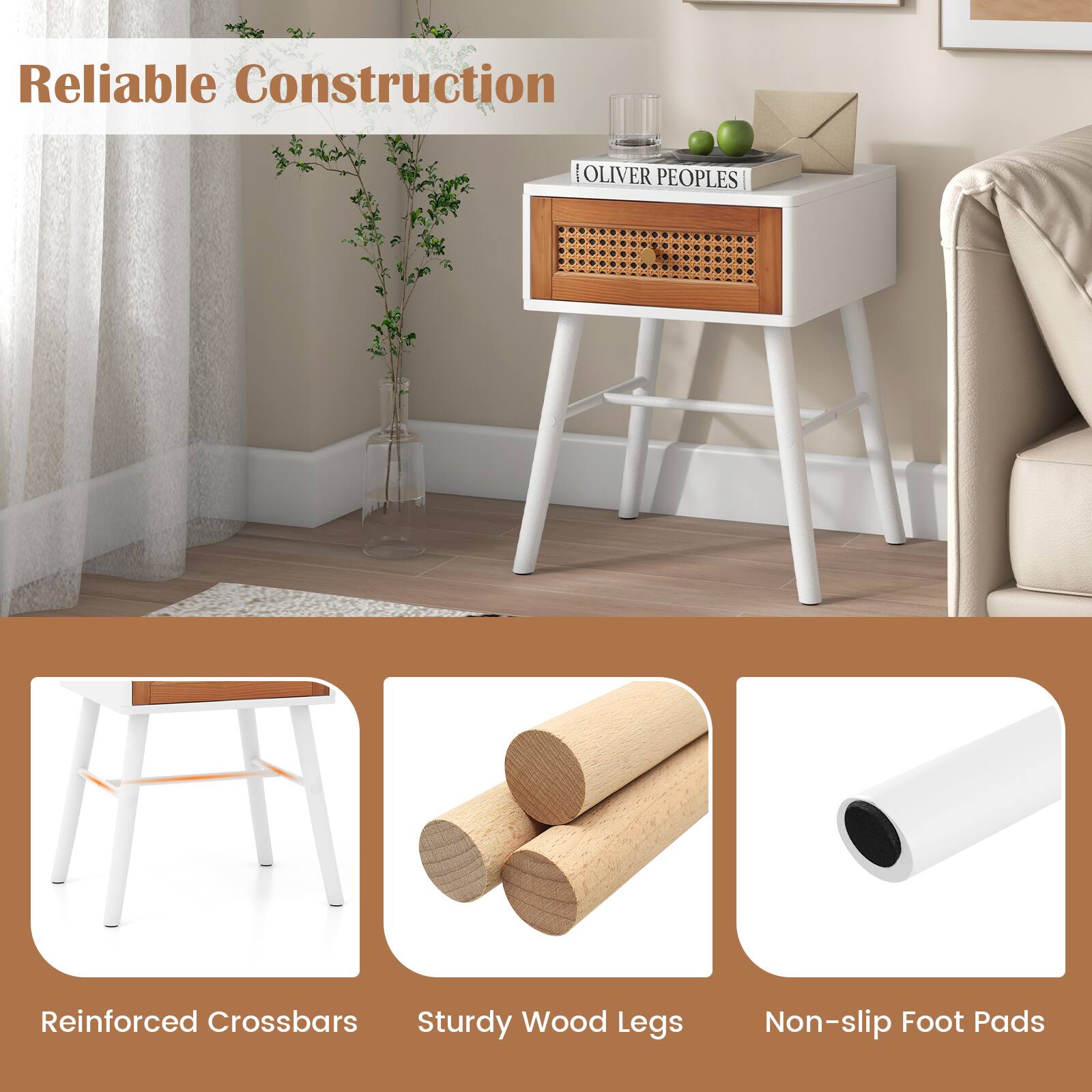 Reliable Construction
Reinforced Crossbars
Sturdy Wood Legs
Non-slip Foot Pads