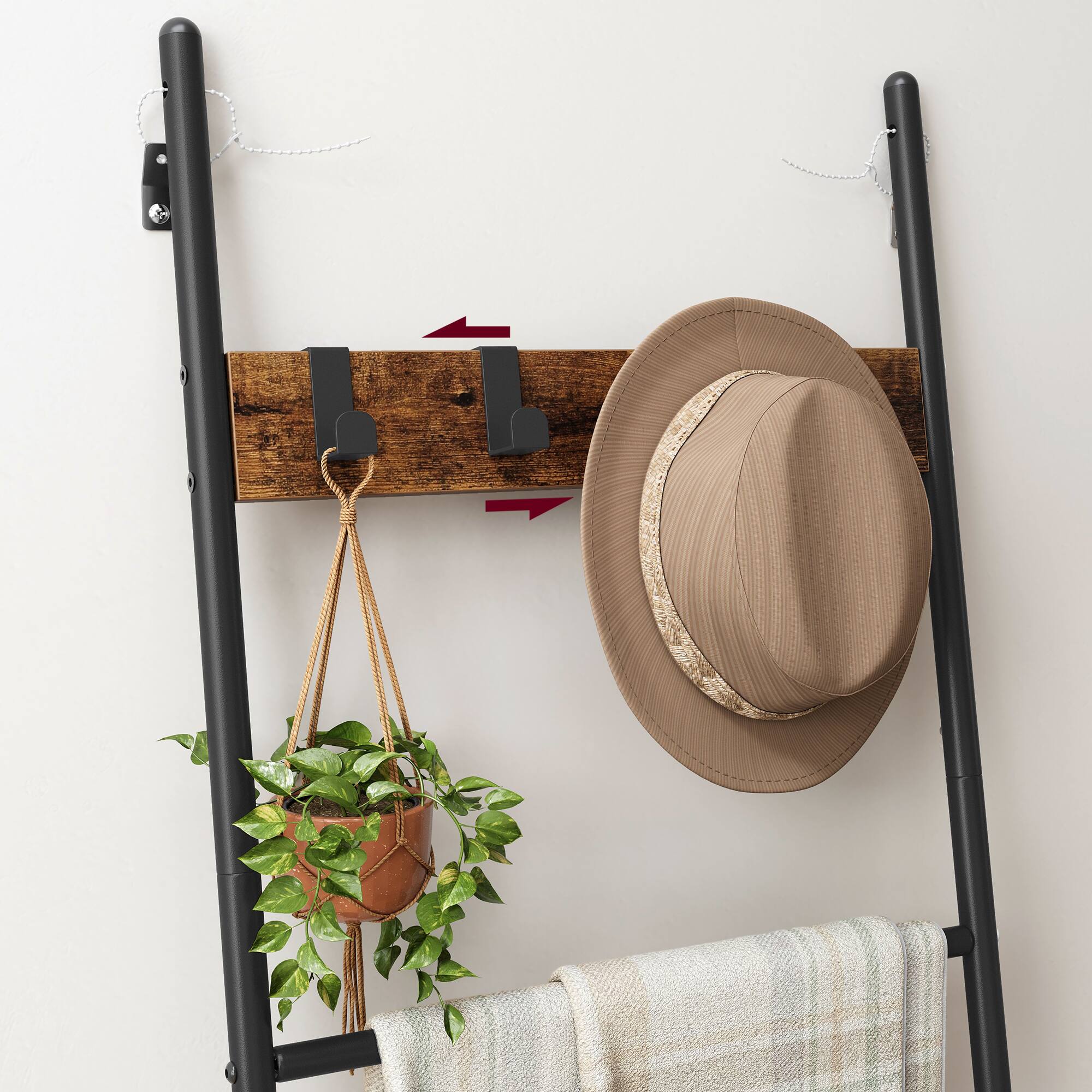 Back. Songmics Home - Blanket Ladder, 5-Tier Ladder Shelf, Decorative Ladder with 4 Removable Hooks, Metal Frame, Industrial Style - Rustic Brown and Black.