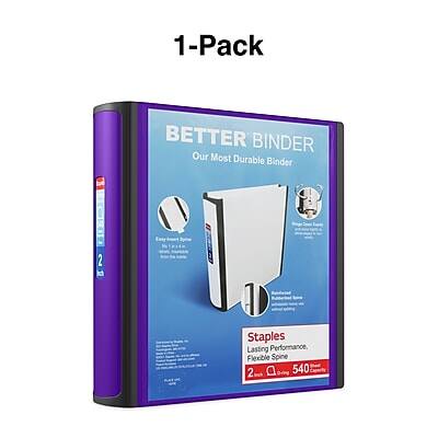 1-Pack  
BETTER BINDER  
Our Most Durable Binder  

Staples  
Lasting Performance,  
Flexible Spine  

2 Drtg  
540
