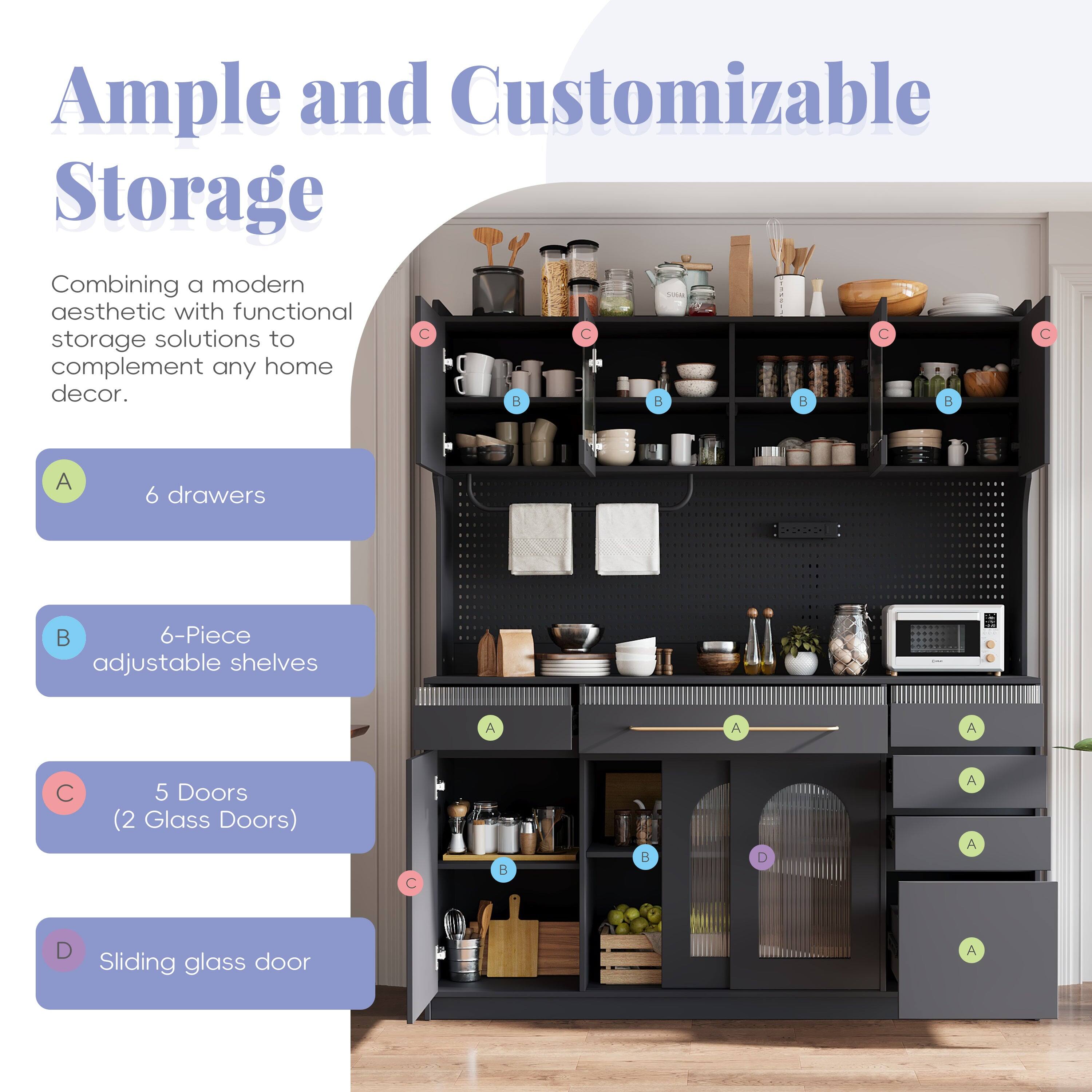 Ample and Customizable Storage

Combining a modern aesthetic with functional storage solutions to complement any home decor.

- A: 6 drawers
- B: 6-Piece adjustable shelves
- C: 5 Doors (2 Glass Doors)
- D: Sliding glass door