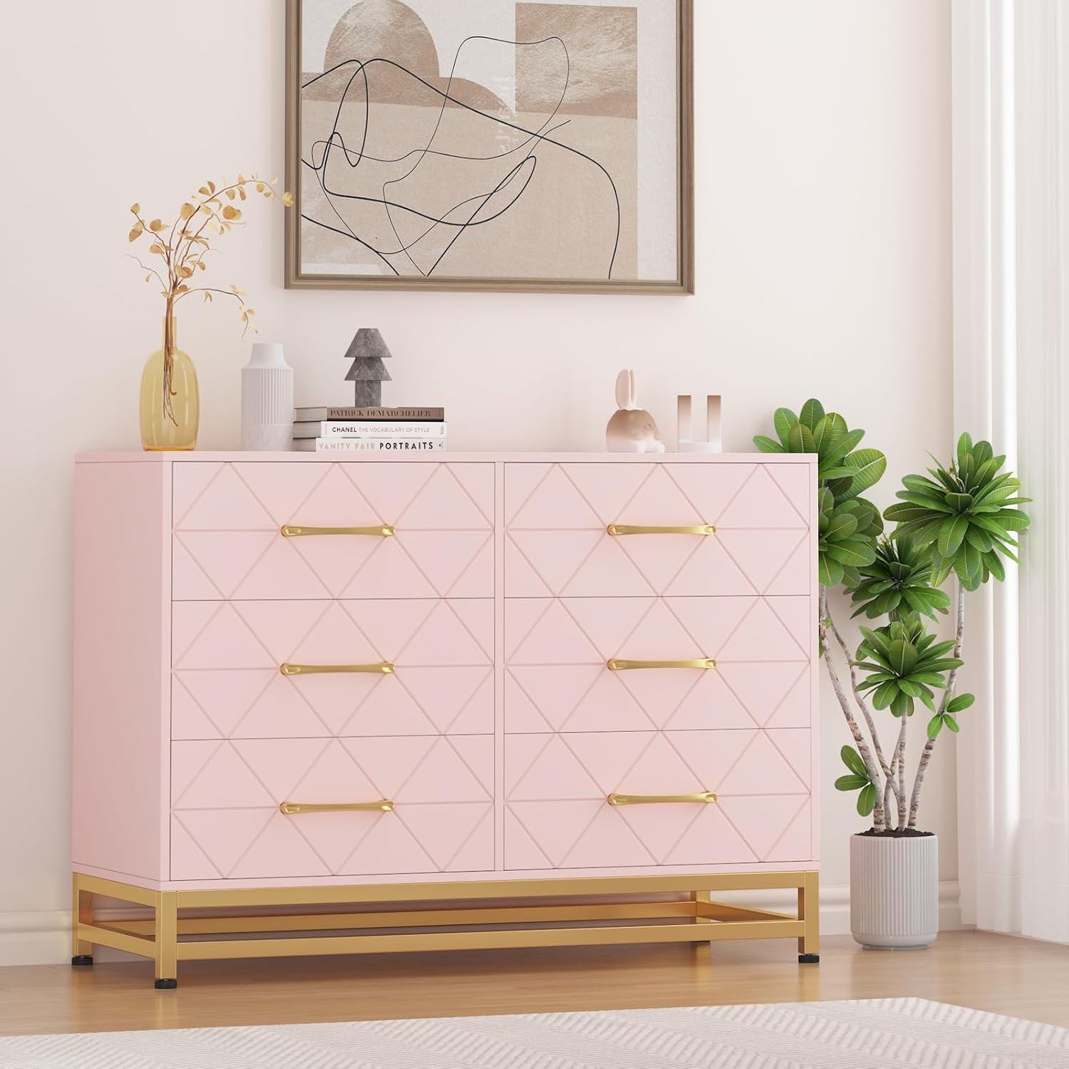 GARVEE - Dresser for Bedroom with 6 Drawers, Wood Chest of Drawers, TV Stand, Morden Dresser for Closet, Living Room, Hallway - ‎Pink