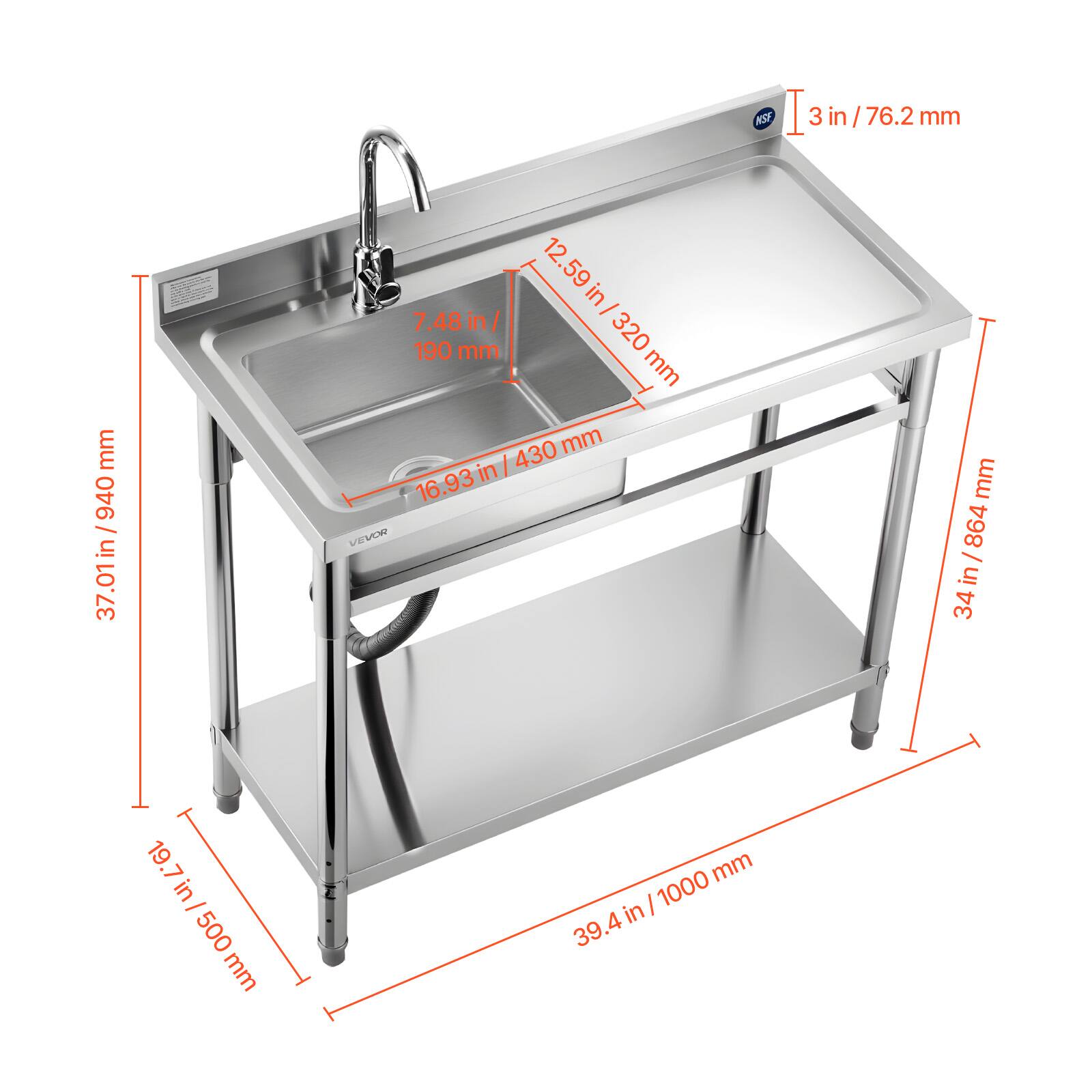 Sure, here is the corrected and grouped text from the image:

- **Dimensions:**
  - 37.01 in / 940 mm
  - 34 in / 864 mm
  - 39.4 in / 1000 mm
  - 19.7 in / 500 mm
  - 3 in / 76.2 mm
  - 12.59 in / 320 mm
  - 16.93 in / 430 mm
  - 7.48 in / 190 mm

- **NSF** (logo)

- **VENDOR** (logo)