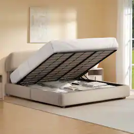 ModernMate - Upholstered Platform Bed with Adjustable Headboard, Hydraulic Lift Storage Bed - Brown