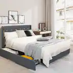 Front. Gymax - Gymax Full Upholstered Bed Frame with 4 Storage Drawers Headboard Dark Grey - Dark Grey.