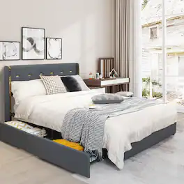 Gymax - Full Upholstered Bed Frame with 4 Storage Drawers Headboard Dark Grey - Dark Gray
