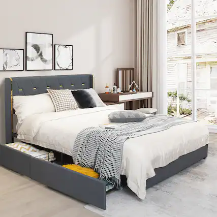 Front. Gymax - Gymax Full Upholstered Bed Frame with 4 Storage Drawers Headboard Dark Grey - Dark Grey.