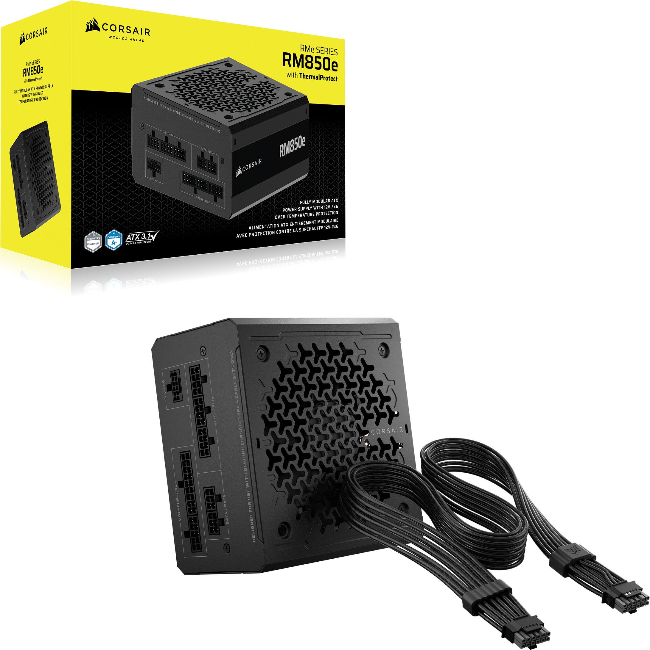 CORSAIR - RM850e - Suar - su -- H - - . - - CORSAIR ARLES ..... - RMe SERIES RM850e with ThermalProtect 3 RMB50e CORSAIR ATX3.1 WORILAS an FaLLT PORSE Surmr mnis n2s PEMPERATURE PROTECTION d. ENTARCWENT ME ALIMENTATION ATB .E  L SURGRAUTE aVEC PROTECTION ns FORANL " RSCREINEE BNEC ARQLECO EC EE 31 r  i saS . IVSSOS HIONES CORSAIR C CE LE RE EE C LE t 1sm I NE