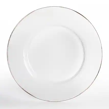 Front. American Atelier - Glass Charger Plate 13"D with Platinum 5 Cm Rim - Silver.