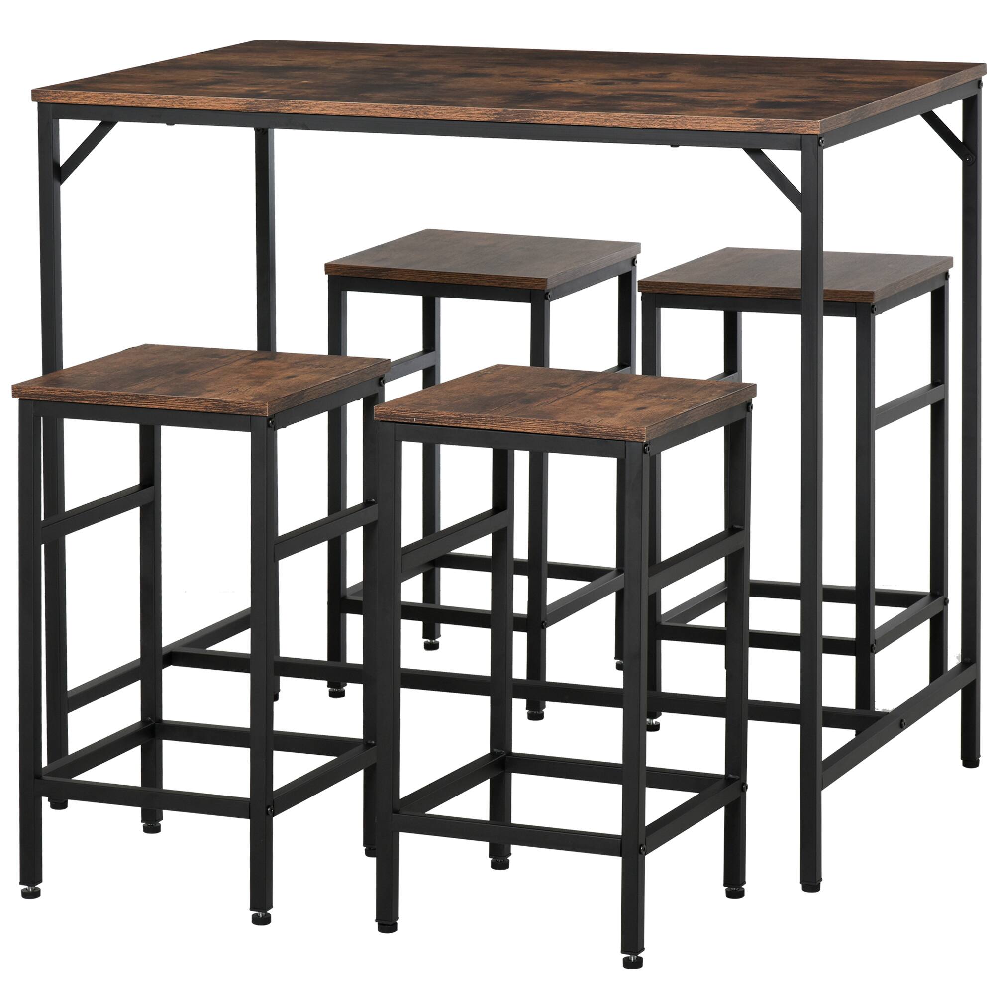 Front. Homcom - 5-Piece Industrial Dining Table Set, Bar Table & 4 Stools Set, Space Saving for Pub & Kitchen, Black/Brown - Rustic Brown.