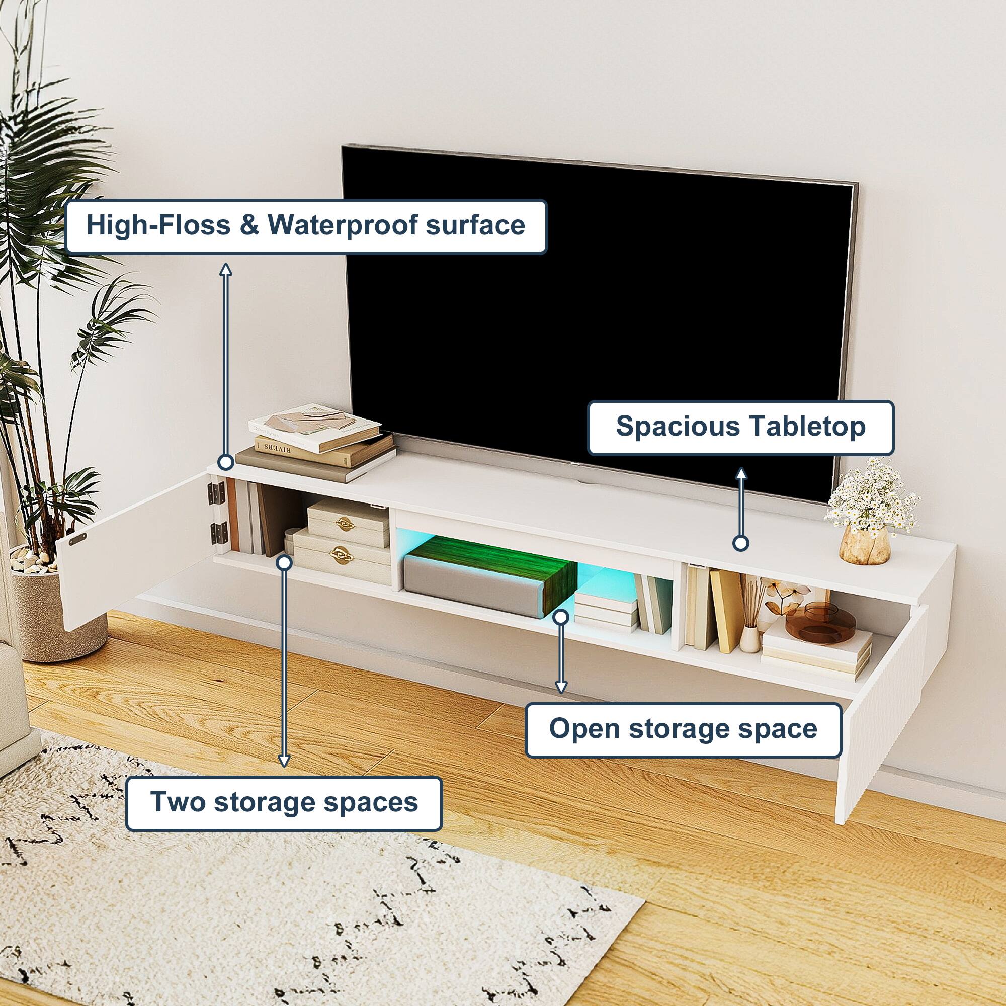 High-Floss & Waterproof surface
Spacious Tabletop
Open storage space
Two storage spaces