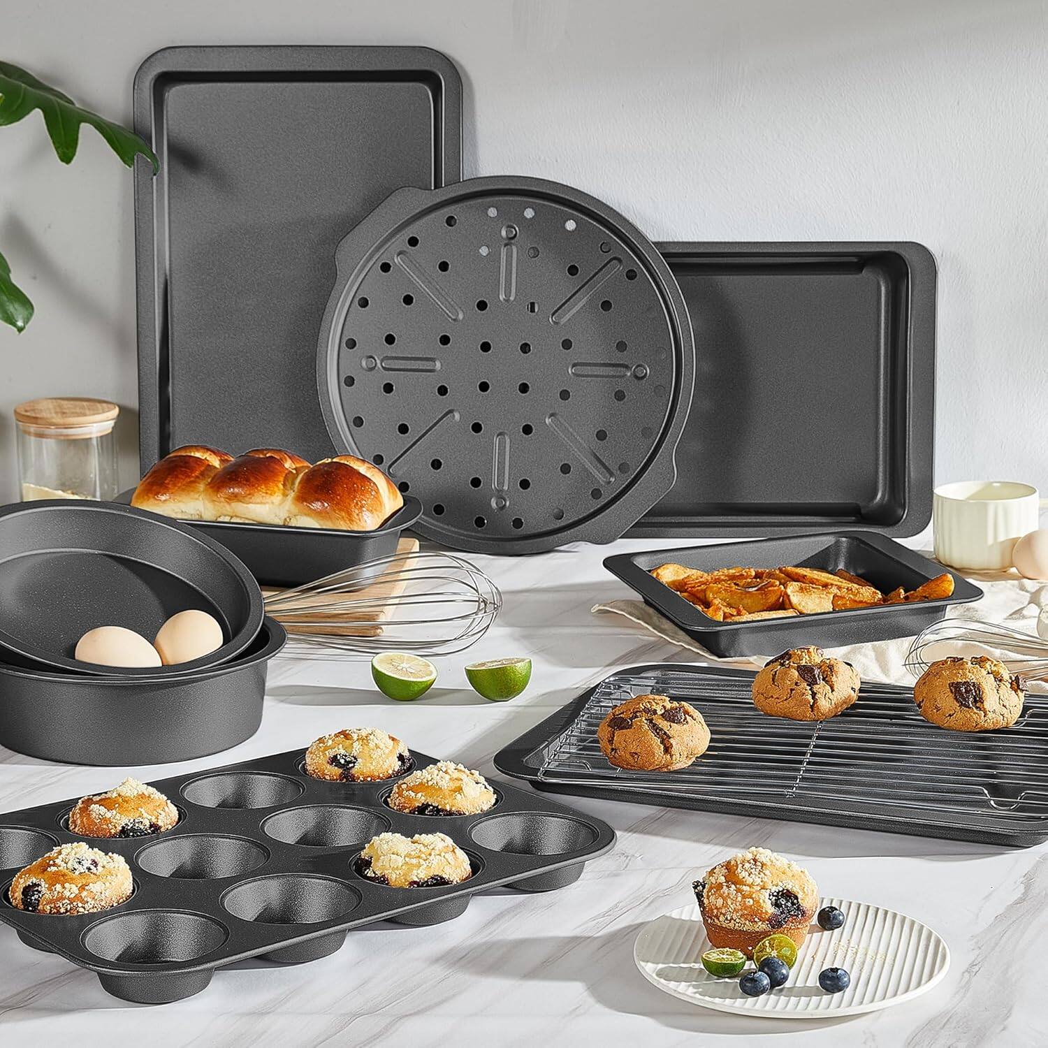 Alt View 1. HONGBAKE - 10 Pieces Bakeware Sets Including Rack, Cookie Sheet, Cake Pans, Loaf Pan, Muffin Pan, Pizza Pan - Grey.