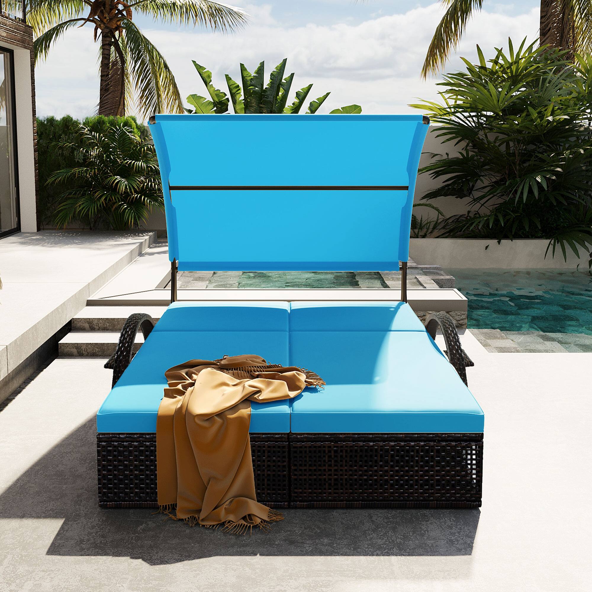 Angle. Whisen - Outdoor Steel Frame Double Sun Lounger with Canopy, Adjustable Backrest & Side Tables - Blue.