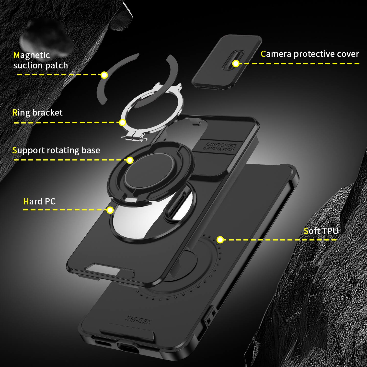 Magnetic suction patch  
Camera protective cover  
Ring bracket  
Support rotating base  
DISCOVER INNOVATION  
Hard PC  
Soft TPU  
SM-S26