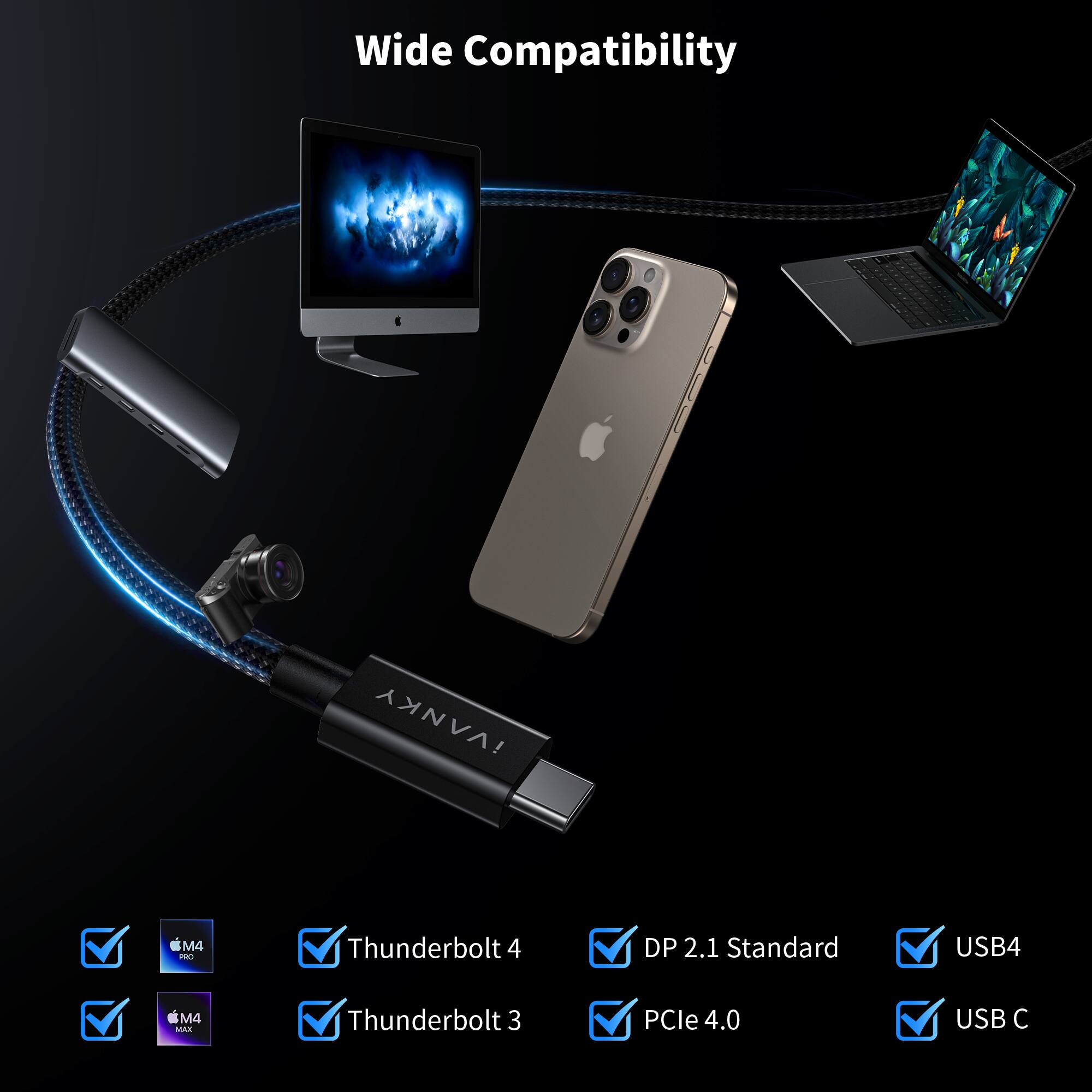 Wide Compatibility

iVANKY M4 P

- M4 PRO
- M4 MAX
- Thunderbolt 4
- Thunderbolt 3
- DP 2.1 Standard
- PCIe 4.0
- USB4
- USB C