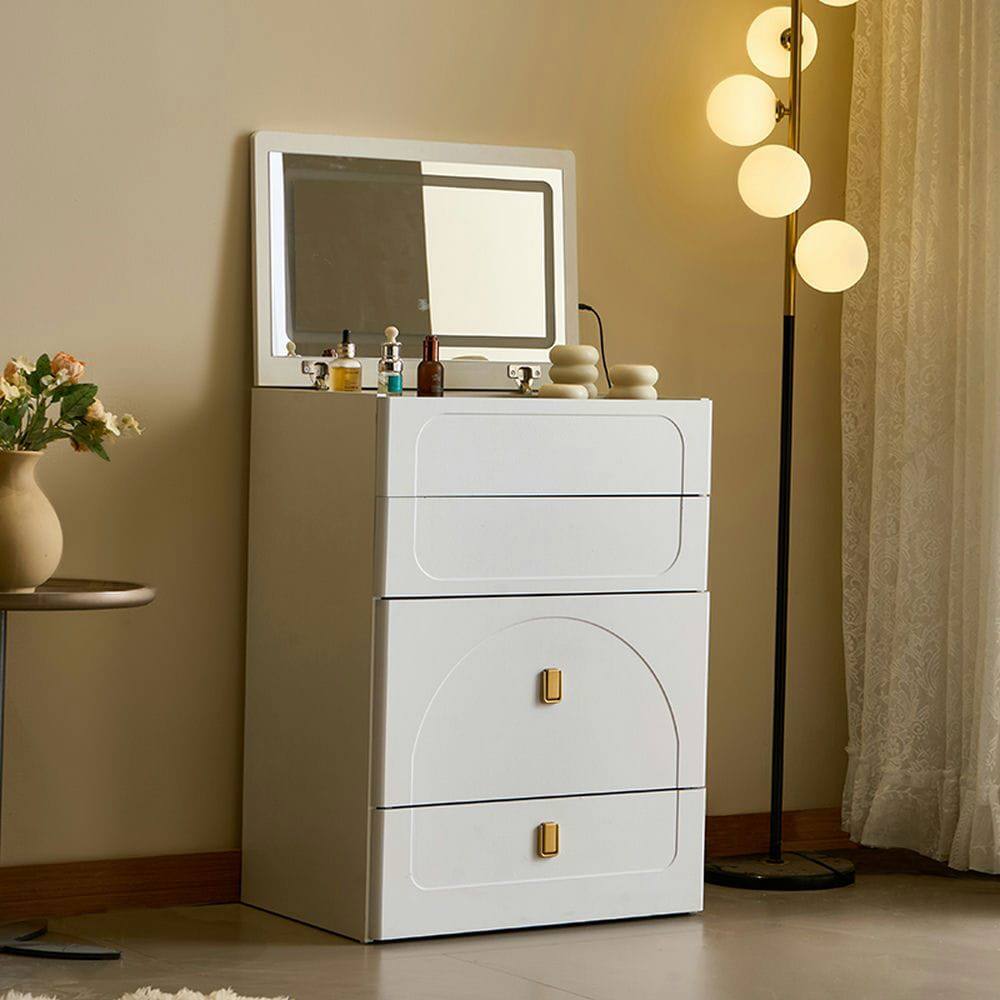 Angle. Kadyn - Convertible Vanity Table with Mirror, 3 Drawers and Cushioned Stool - White - White.