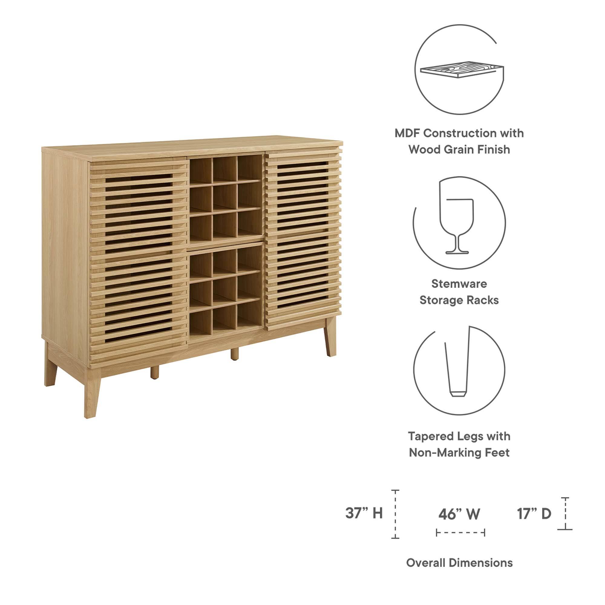 MDF Construction with Wood Grain Finish  
Stemware Storage Racks  
Tapered Legs with Non-Marking Feet  

Overall Dimensions:  
37" H x 46" W x 17" D