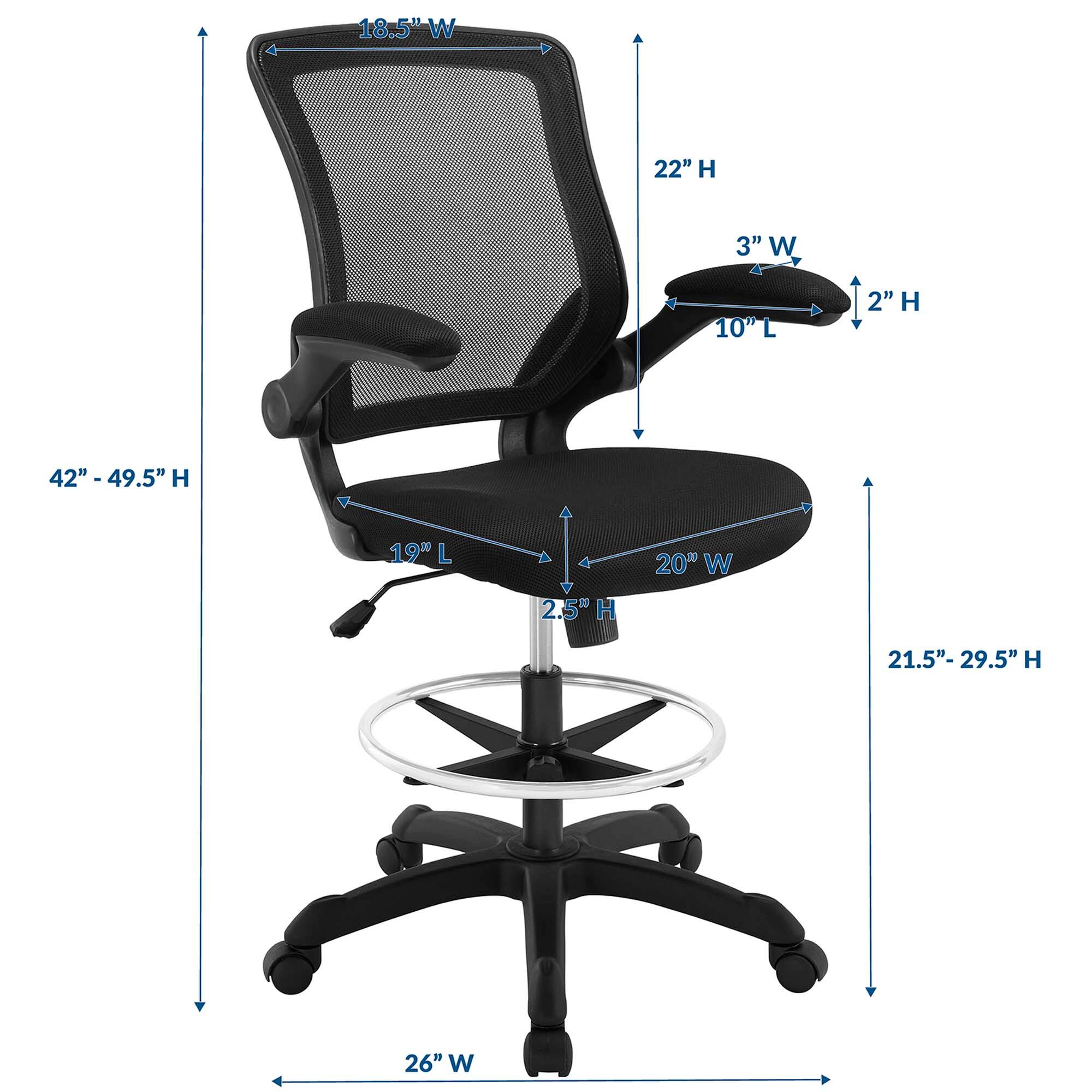 - Width: 18.5"
- Height: 22"
- Armrest Width: 3"
- Armrest Height: 2"
- Seat Width: 20"
- Seat Depth: 19"
- Seat Height: 2.5"
- Back Height: 42" - 49.5"
- Overall Height: 21.5" - 29.5"
- Base Width: 26"