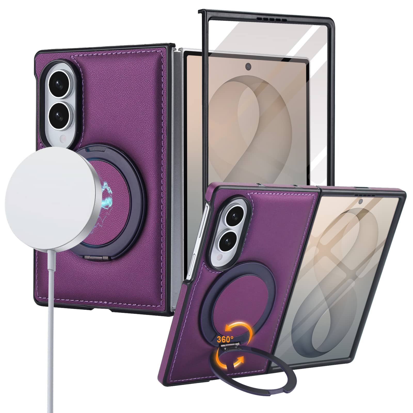 Dteck - Shockproof Case for Samsung Galaxy Z Fold8 with Stand, Magnetic Leather Texture Rigid Plastic Cover Built in Screen Film - Darkpurple price history on PriceWatchPro