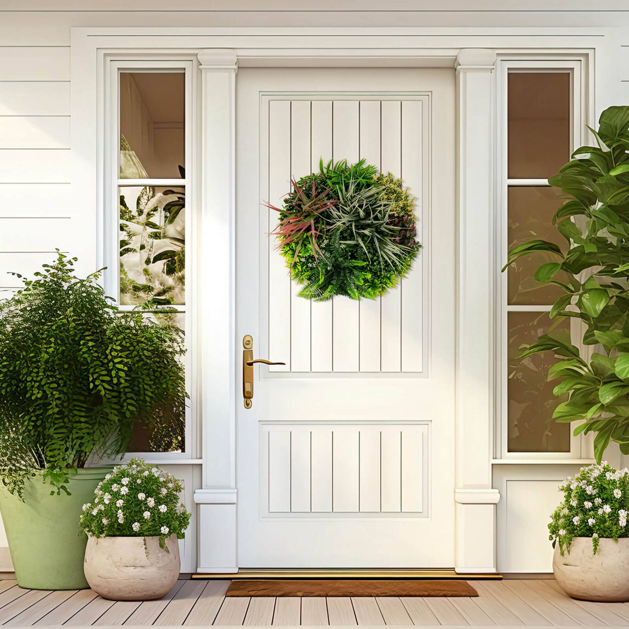 Alt View 1. Costway - Costway 2 Pack Round Framed Artificial Foliage Wall Art with 9 Types of Mixed Faux Plants - Green & Brown.