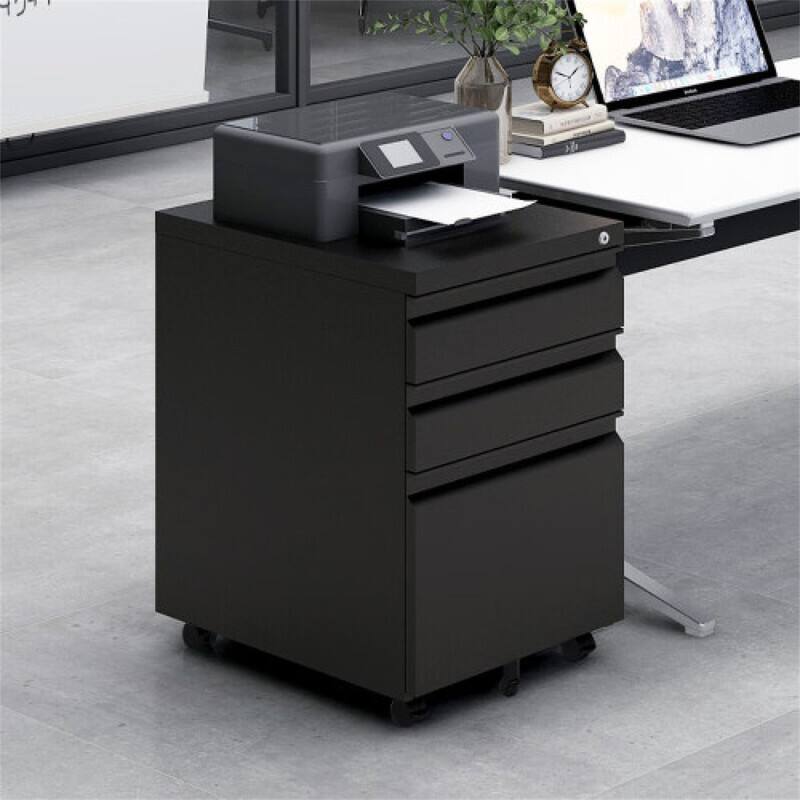 Back. HTUTWOO - 3-Drawer Mobile File Cabinet with Lock - Cold Rolled Steel Fully Assembled, 5 Wheels with Brakes, Fits Legal/A4 Files - Black.
