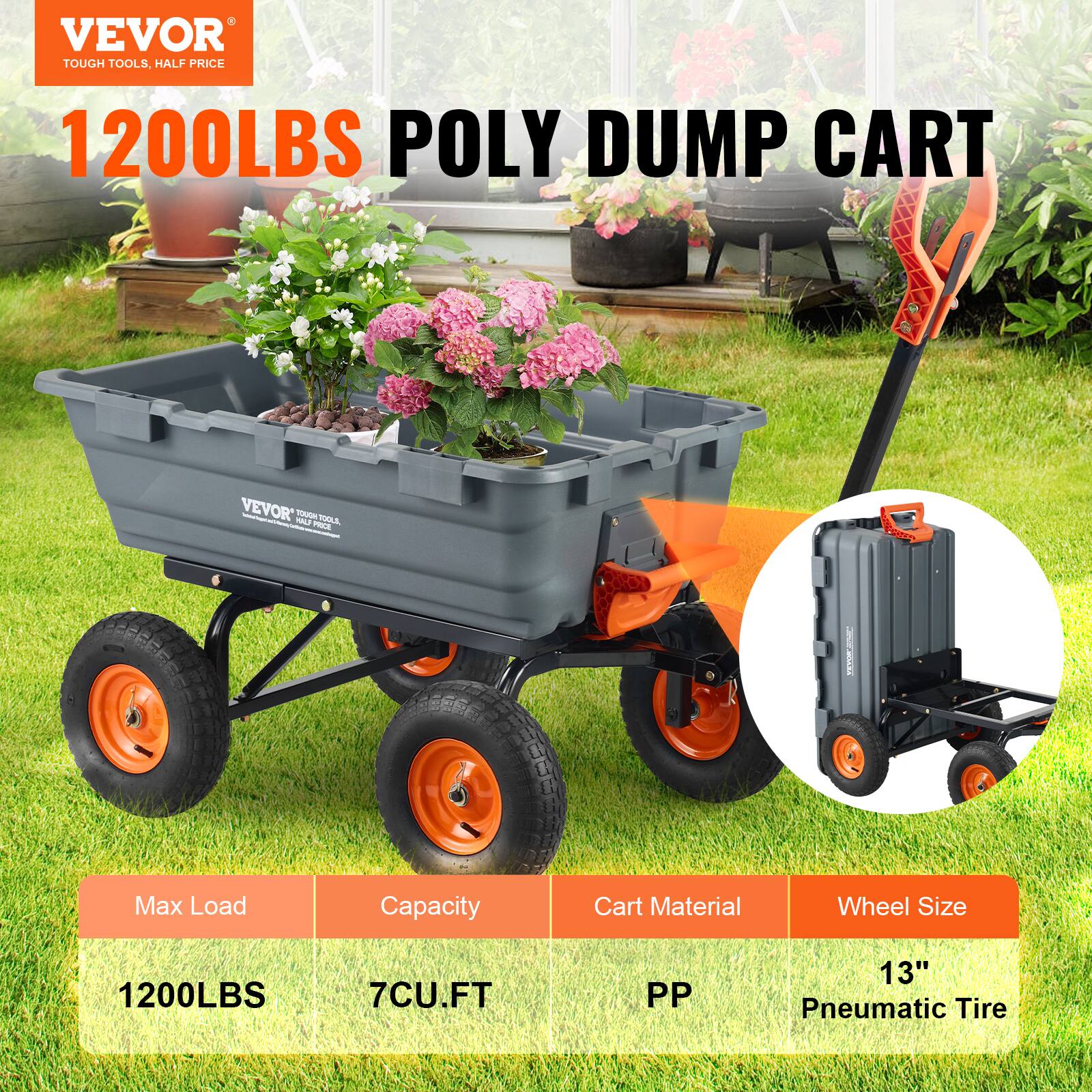 VEVOR TOUGH TOOLS, HALF PRICE 1200LBS POLY DUMP CART
VEVOR - - TRA L : / HL F MRN :
Max Load 1200LBS
Capacity 7CU.FT
Cart Material PP
Wheel Size 13" Pneumatic Tire