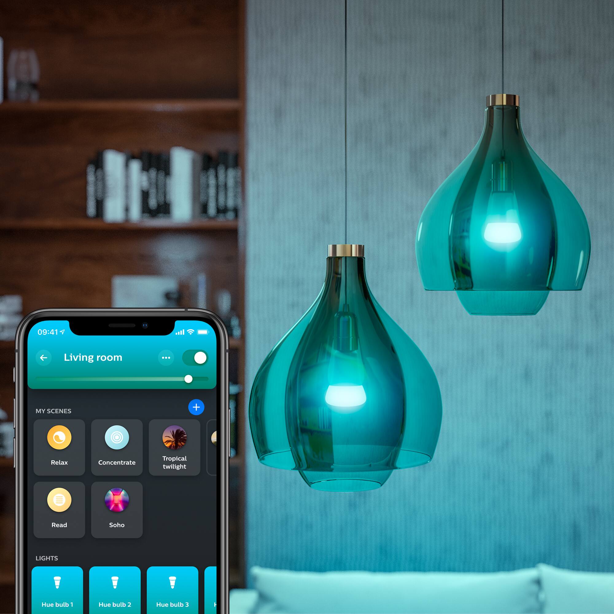 09:41  
Living room  
MY SCENES  
- Relax  
- Concentrate  
- Tropical twilight  
- Read  
- Soho  

LIGHTS  
- Hue bulb 1  
- Hue bulb 2  
- Hue bulb 3