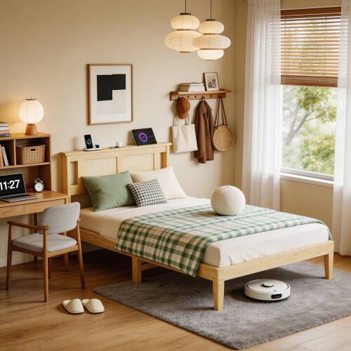 Alt View 7. Winado - Rattan Bed Frame with Rattan Headboard Boho Wooden Platform Bed with Charging Station and Underbed Storage for Bedroom - Natural, Twin Size.