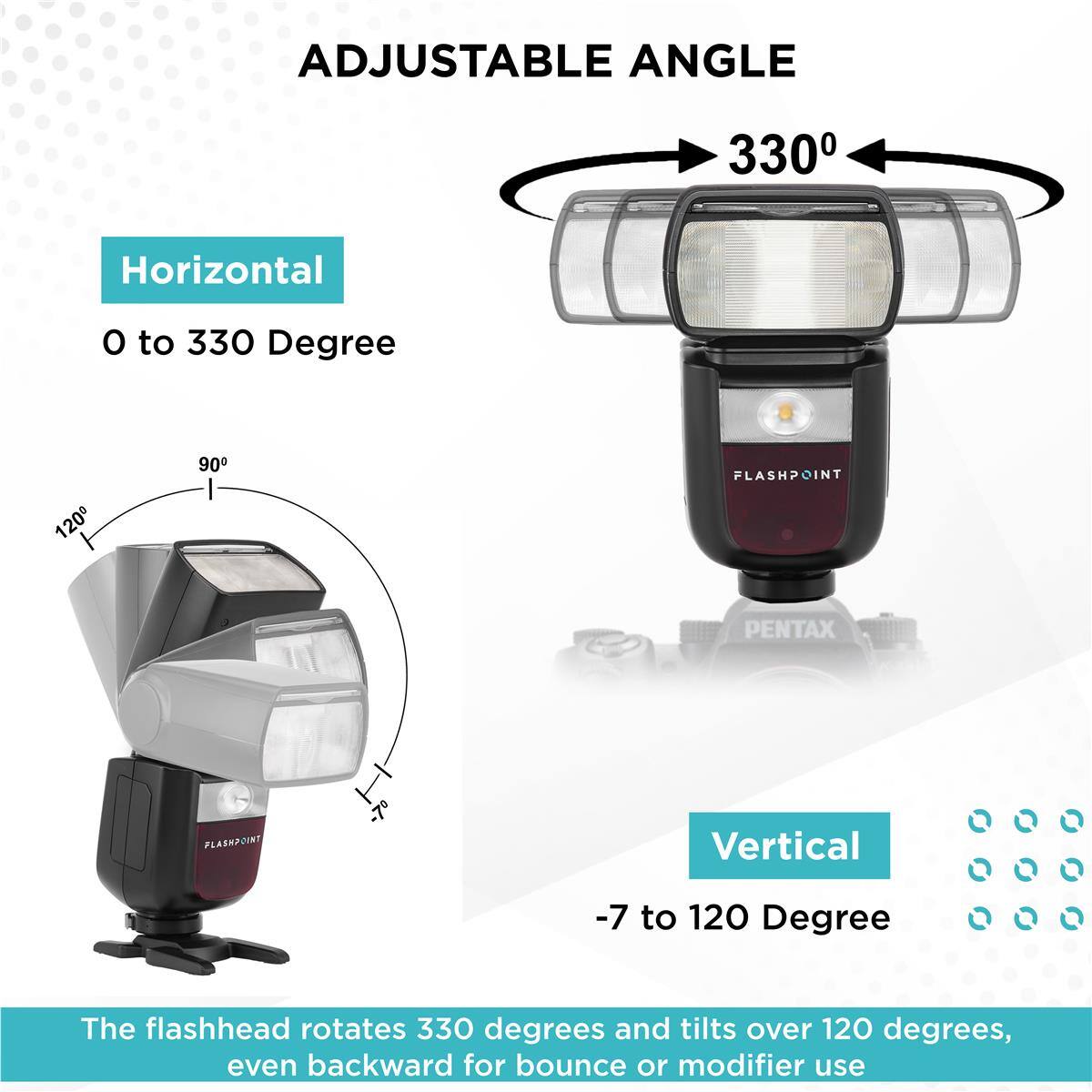 ADJUSTABLE ANGLE

Horizontal
0 to 330 Degree

Vertical
-7 to 120 Degree

The flashhead rotates 330 degrees and tilts over 120 degrees, even backward for bounce or modifier use