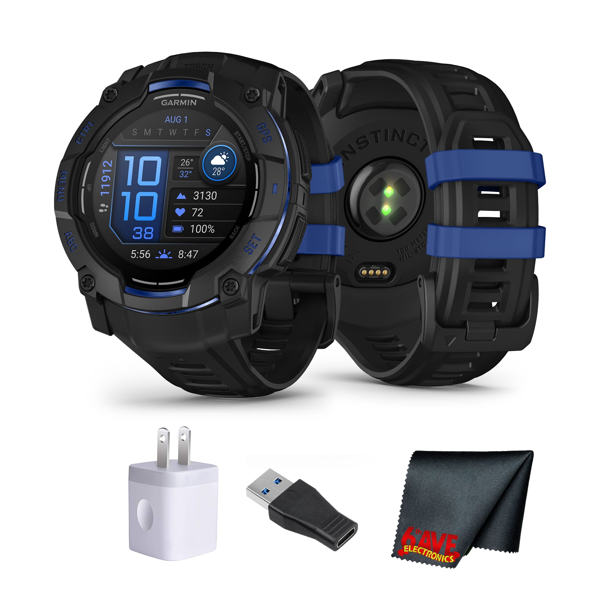 Garmin - Instinct 3, 50mm AMOLED, Black and Bolt Blue Smartwatch Bundle - Black - (2025)