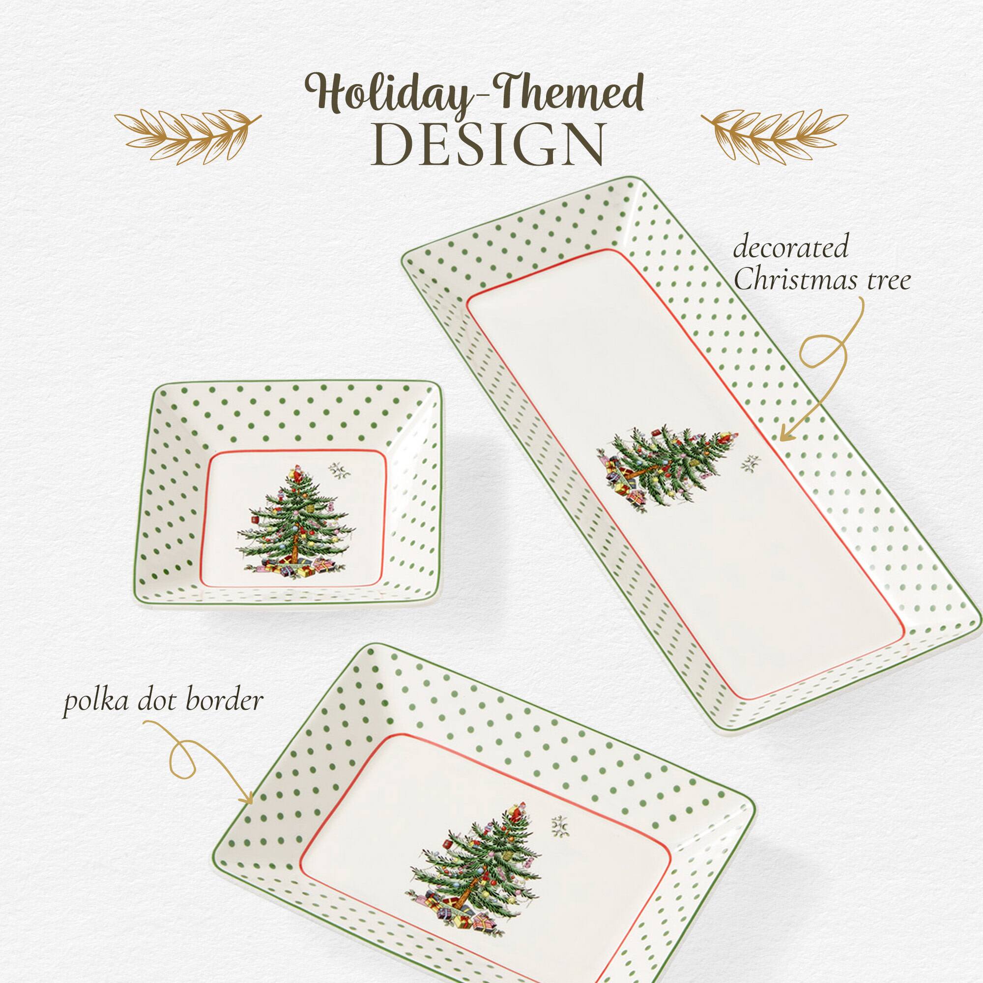 Holiday-Themed DESIGN  
decorated Christmas tree  
polka dot border