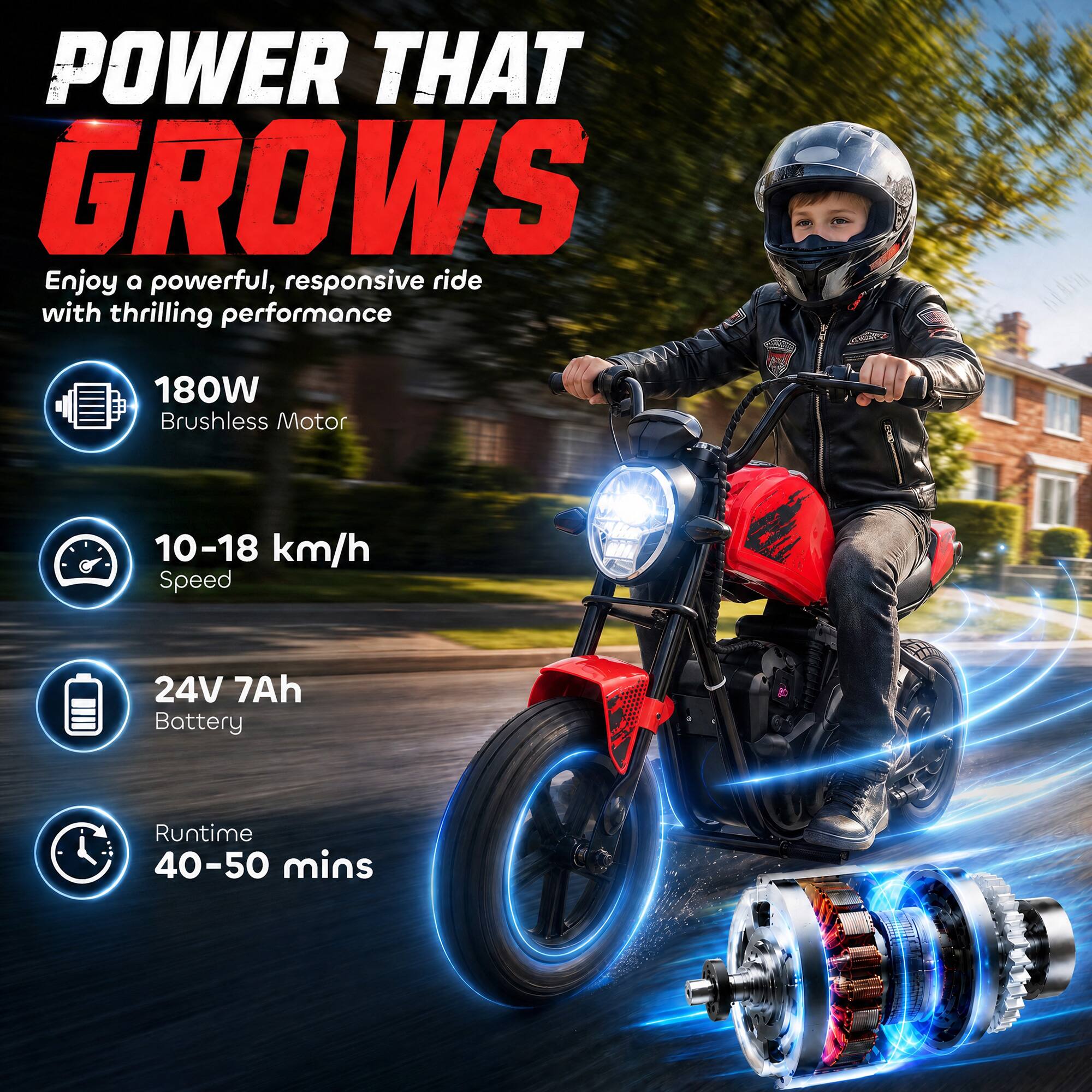 POWER THAT GROWS  
Enjoy a powerful, responsive ride with thrilling performance  
180W Brushless Motor  
10-18 km/h Speed  
24V 7Ah Battery  
Runtime 40-50 mins