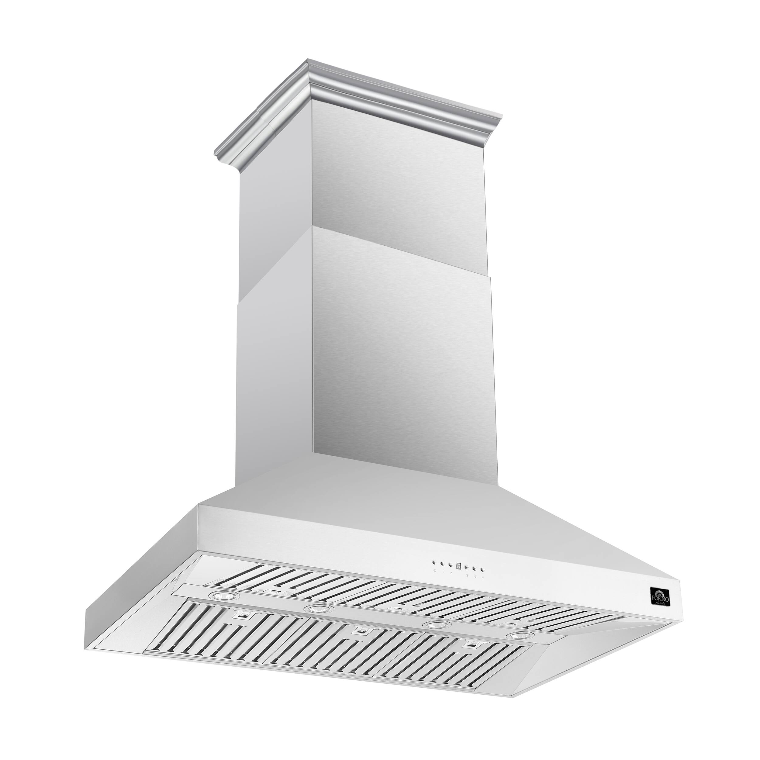 The image does not contain any text to group or correct. It shows a range hood with a chimney-style design.