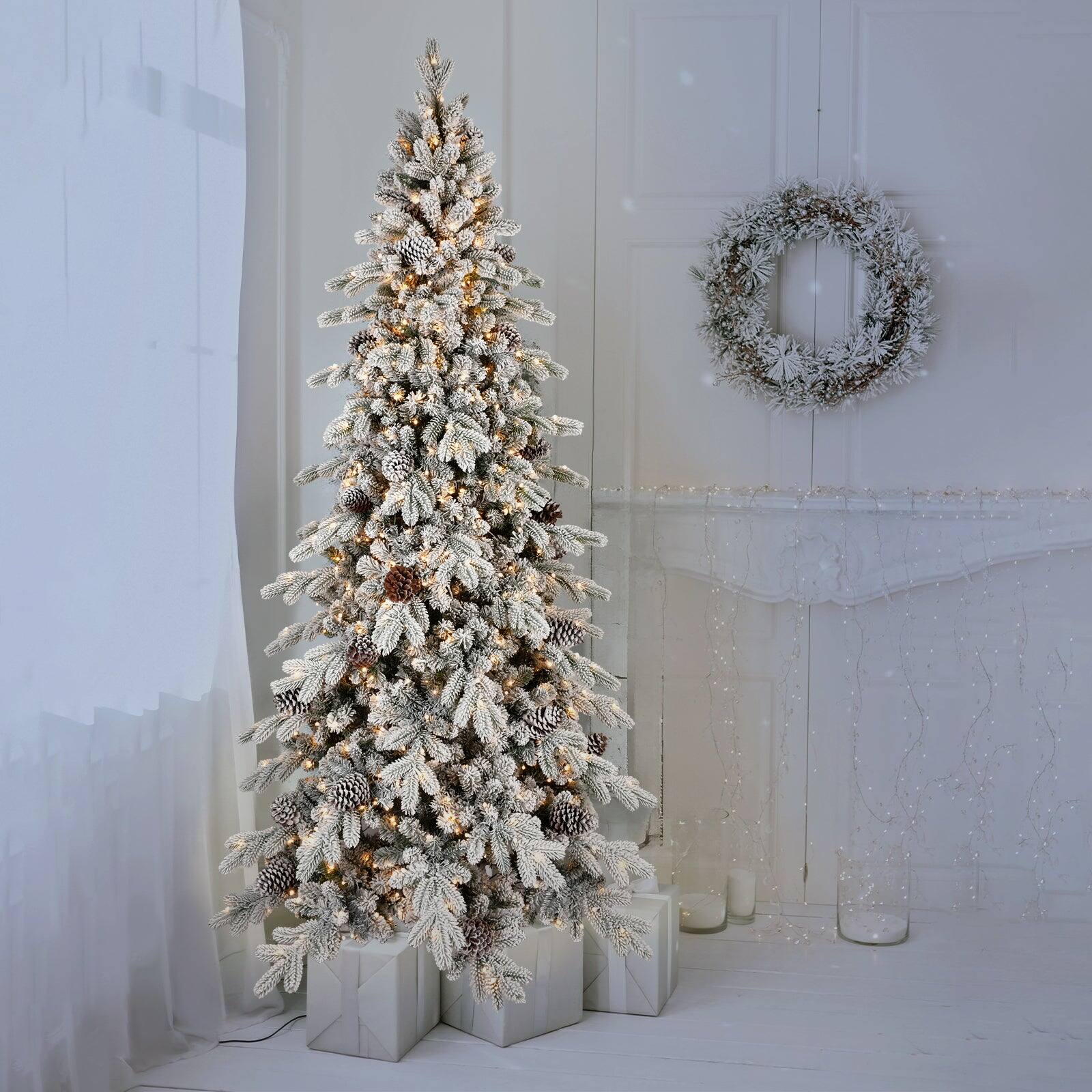 Angle. BreeBe - 8FT Flocked PE/PVC Christmas Tree with 1000 Warm White LED Lights 1634 Tips - White,Green.