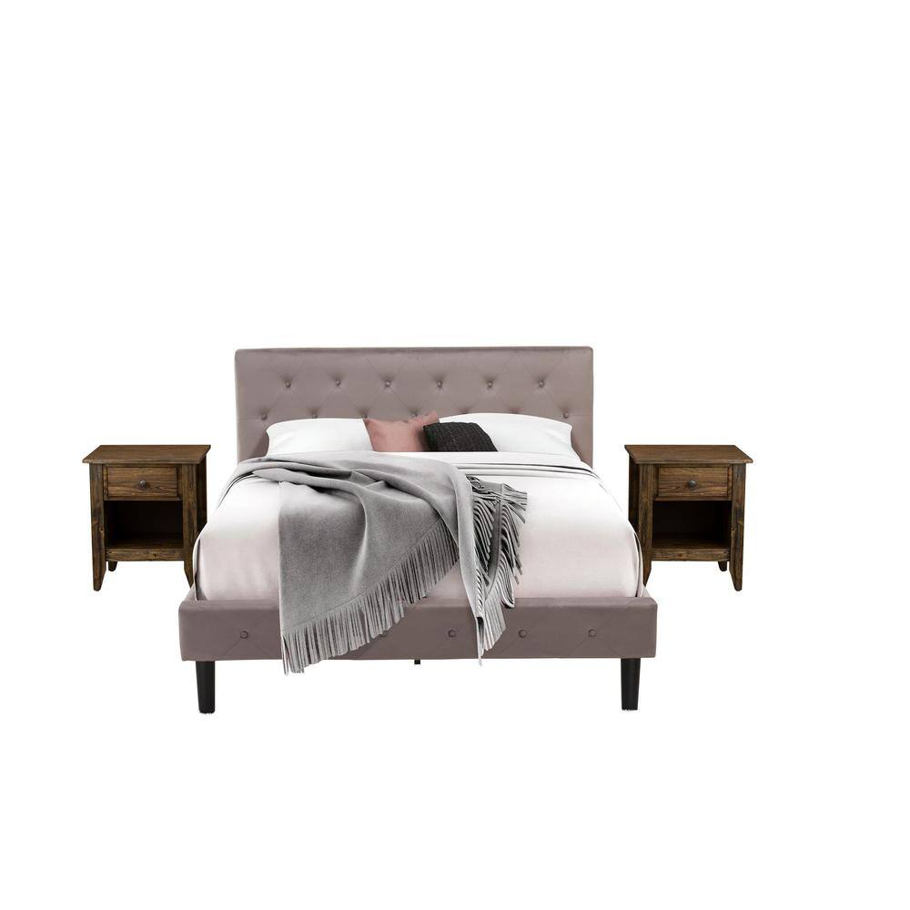 Alt View 4. East West Furniture - NL14Q-2GA07 3 Piece Bed Set - 1 Bed Brown Taupe Velvet Fabric Headboard and 2 Nightstands - Distressed Jacobean Finish - Taupe Brown.