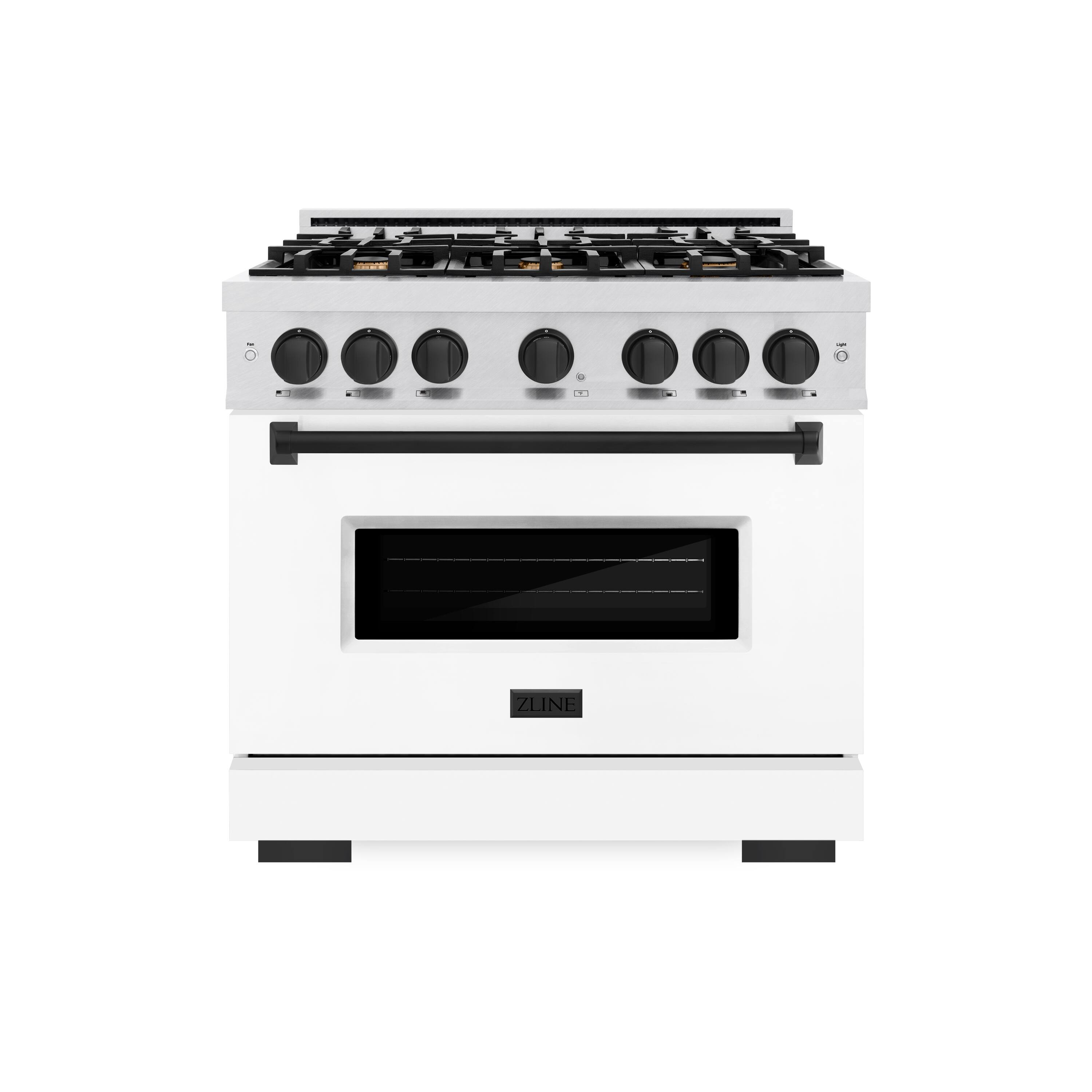 Front. ZLINE - ZLINE Autograph 36 in. Classic Satin Steel Gas Range with Black Accents (CGRSZ-WM-36-MB) - White.